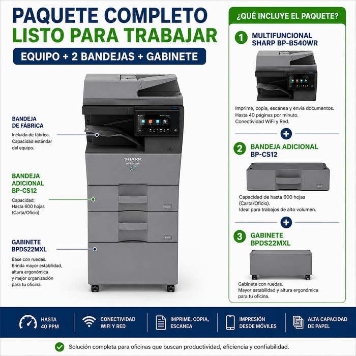 Multifuncional Sharp BP-B540WR 40 PPM Blanco y Negro | Bandeja y Gabinete adicional
